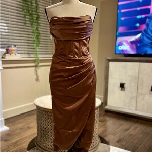 Bardot Strapless Satin Dress in Rich Brown